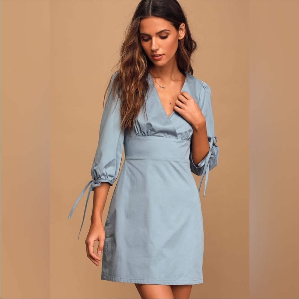 Lulu’s Dream About Me Dusty Blue Backless Mini Dress